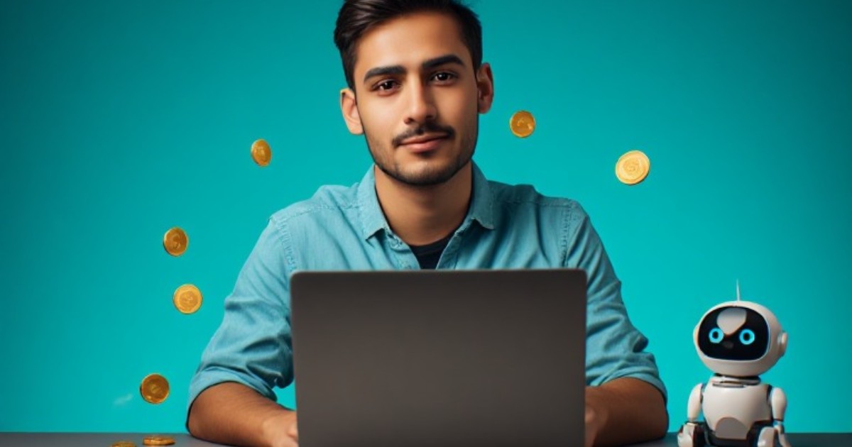 Joven con laptop, robot y monedas de oro